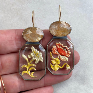 Victorian Painted Glass and Golden Rutilated Quartz Earrings