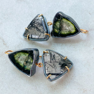 Green Tourmaline and Black Rutilated Quartz Earrings