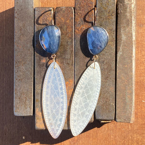 Sapphire and Antique Mother of Pearl Chinese Gaming Token Earrings