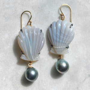 Laguna Agate Shell and Tahitian Pearl Earrings