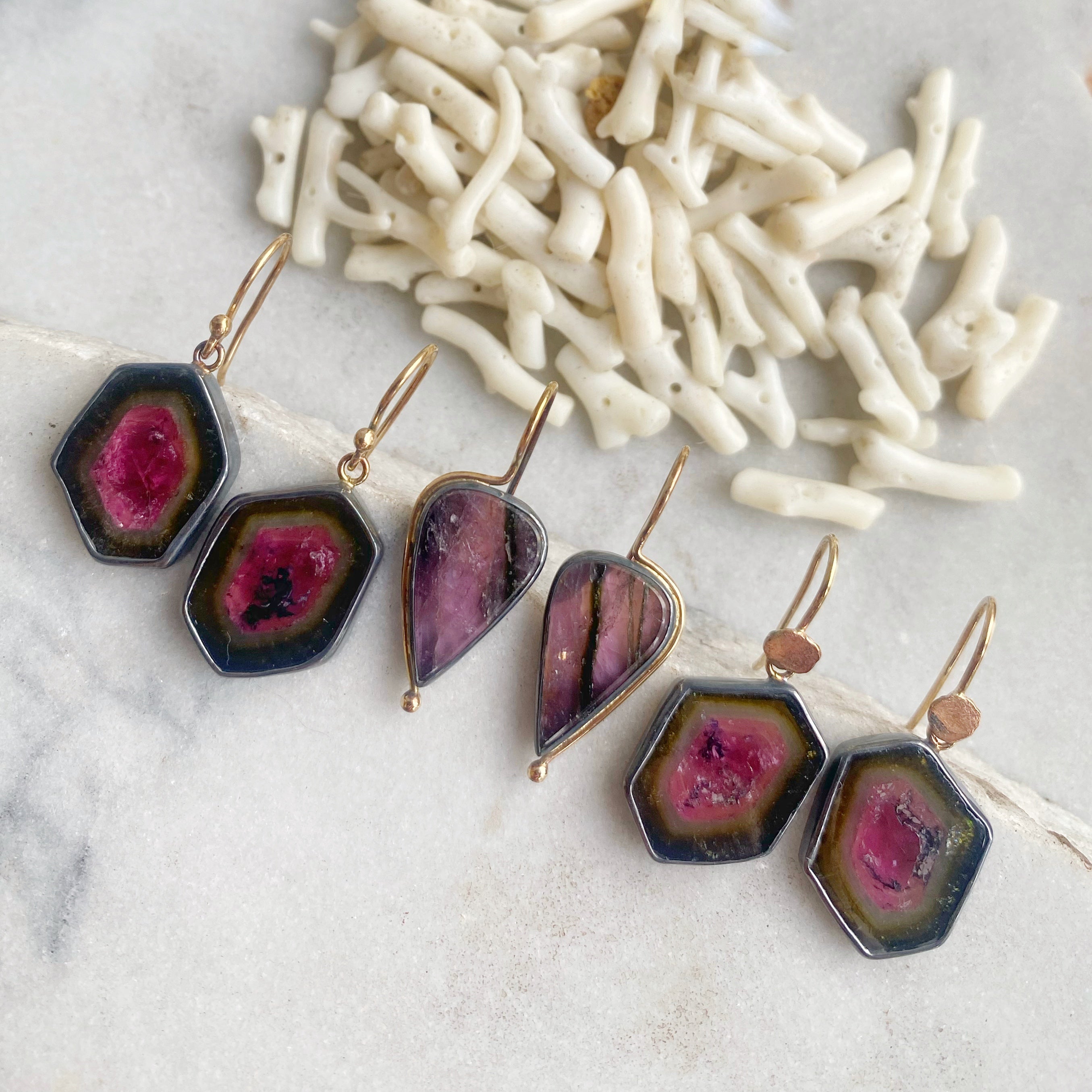 Watermelon Tourmaline Slice Earrings with Antique Chinese Mother of Pearl Gaming Tokens