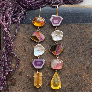 Totem Earrings with Tourmaline, Quartz, Sapphire, and Keshi Pearl