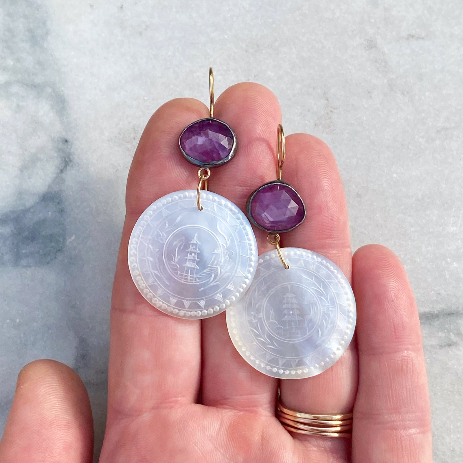 Ruby and Antique Mother of Pearl Chinese Gaming Token Earrings