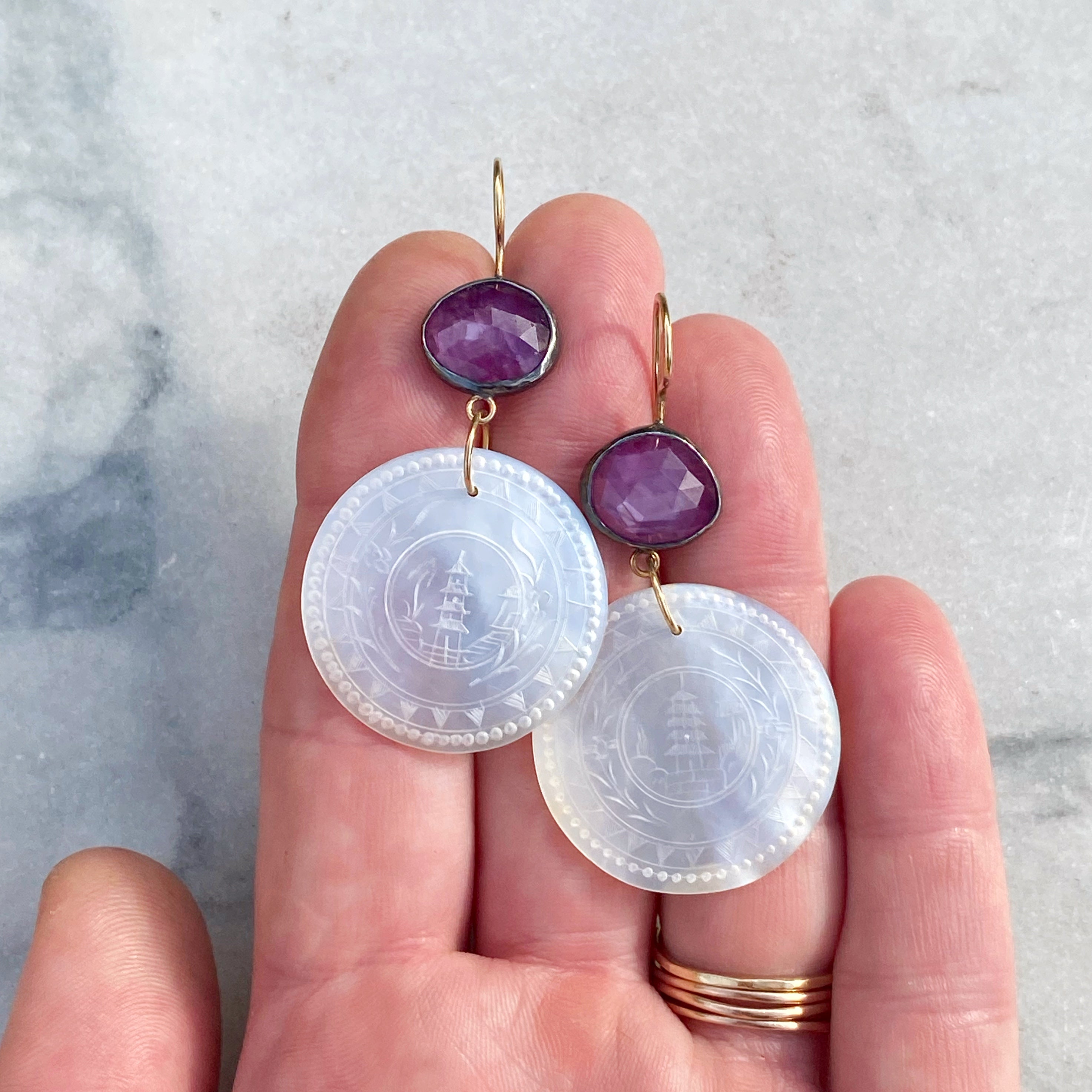 Ruby and Antique Mother of Pearl Chinese Gaming Token Earrings