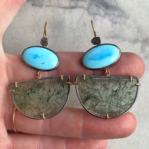 Golden Hills Turquoise and Actinolite in Quartz Earrings
