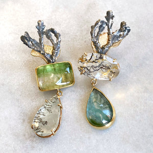 Blue-Green Tourmaline and Dendritic Quartz Earrings with Coral Skeleton