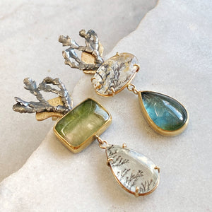 Blue-Green Tourmaline and Dendritic Quartz Earrings with Coral Skeleton