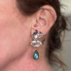 Blue-Green Tourmaline and Dendritic Quartz Earrings with Coral Skeleton