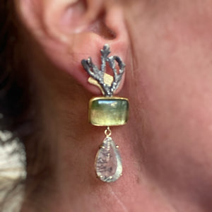 Blue-Green Tourmaline and Dendritic Quartz Earrings with Coral Skeleton