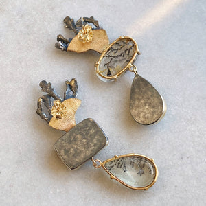 Blue-Green Tourmaline and Dendritic Quartz Earrings with Coral Skeleton
