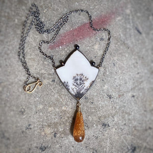 Dendritic Agate, Golden Rutilated Quartz, and Pearl Necklace