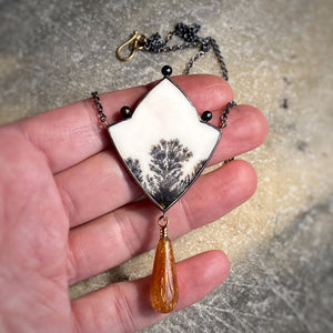 Dendritic Agate, Golden Rutilated Quartz, and Pearl Necklace