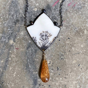 Dendritic Agate, Golden Rutilated Quartz, and Pearl Necklace