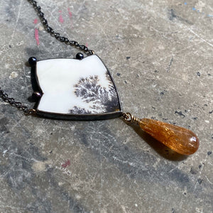 Dendritic Agate, Golden Rutilated Quartz, and Pearl Necklace