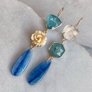 Kyanite Earrings with Antique Floral Carvings