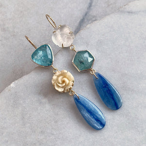 Kyanite Earrings with Antique Floral Carvings