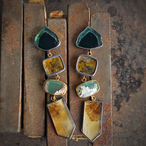 Indicolite Tourmaline, Dendritic Quartz, Aquaprase, and Dendritic Agate Earrings