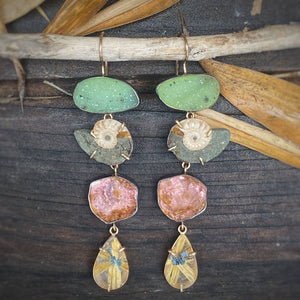 Drusy, Ammolite, Peach Tourmaline, and Golden Rutilated Quartz Earrings