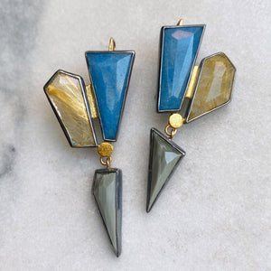 Geometric Earrings with Lazulite, Golden Rutilated and Chatoyant Grey Quartzes