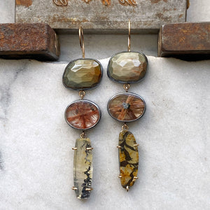 Chatoyant Grey, Copper Star Rutilated, and Dendritic Quartz Earrings