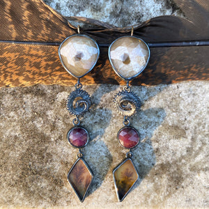Champagne Sapphire, Ruby, and Dendritic Agate Earrings with Octopus Tentacle