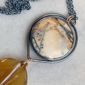Maligano Jasper Necklace with Golden Agate Carved Leaf