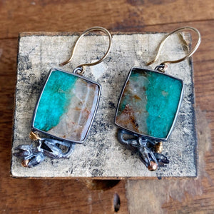 Amazonite in Quartz Earrings with Seedpods and Golden ‘Buds’