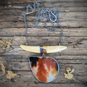 Dendritic Agate and Wild Boar Tooth Necklace