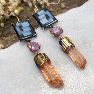 Art Deco Graphic Cameo Earrings with Ruby Record Keepers and Raw Imperial Topaz Crystals