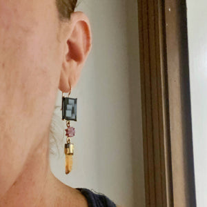 Art Deco Graphic Cameo Earrings with Ruby Record Keepers and Raw Imperial Topaz Crystals