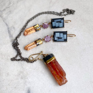 Art Deco Graphic Cameo Earrings with Ruby Record Keepers and Raw Imperial Topaz Crystals