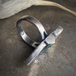 Custom Ring with Dendritic Quartz, Raw Tourmaline Crystal, Golden Rutilated Quartz, and Diamond