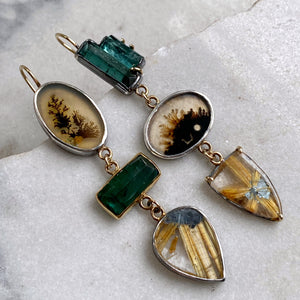 Teal Tourmaline, Dendritic Agate and Golden Star Rutilated Quartz Earrings
