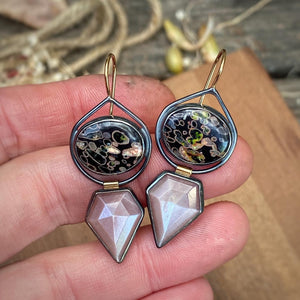 Volcanic Porphyry and Peach Moonstone Earrings