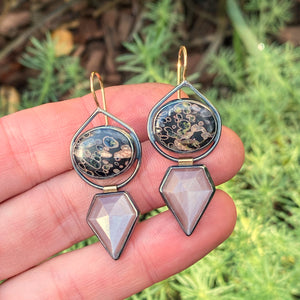 Volcanic Porphyry and Peach Moonstone Earrings
