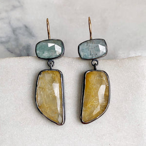 Teal Kyanite and Golden Rutilated Quartz Earrings