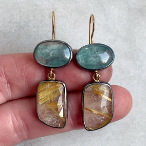 Teal Kyanite and Golden Rutilated Quartz Earrings