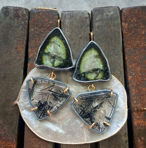 Green Tourmaline and Black Rutilated Quartz Earrings