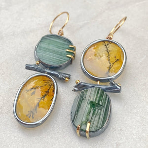 Raw Green Tourmaline and Dendritic Quartz Earrings with Twigs
