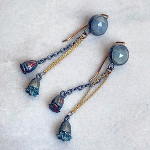 Ice Blue Sapphire Drop Earrings with Poppy Pods
