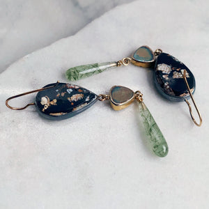Snakeskin Wrasse, Drusy, and Actinolite in Quartz Earrings