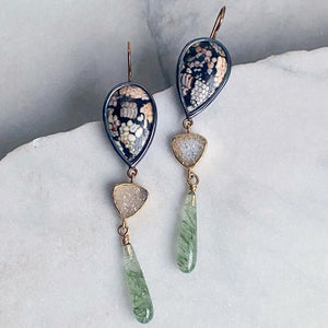 Snakeskin Wrasse, Drusy, and Actinolite in Quartz Earrings