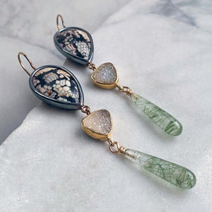 Snakeskin Wrasse, Drusy, and Actinolite in Quartz Earrings