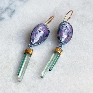 Purple Sapphire Earrings with Aquamarine & Tourmaline Wands