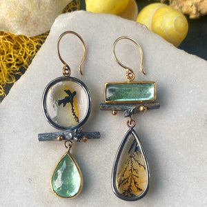 Dendritic Quartz and Seafoam Tourmaline Earrings with Twigs