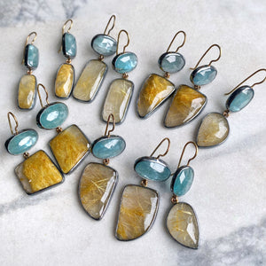 Golden Rutilated Quartz and Teal Kyanite Earrings