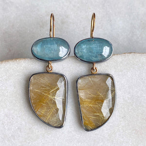 Golden Rutilated Quartz and Teal Kyanite Earrings