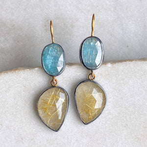 Golden Rutilated Quartz and Teal Kyanite Earrings