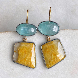 Golden Rutilated Quartz and Teal Kyanite Earrings