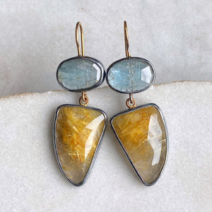 Golden Rutilated Quartz and Teal Kyanite Earrings